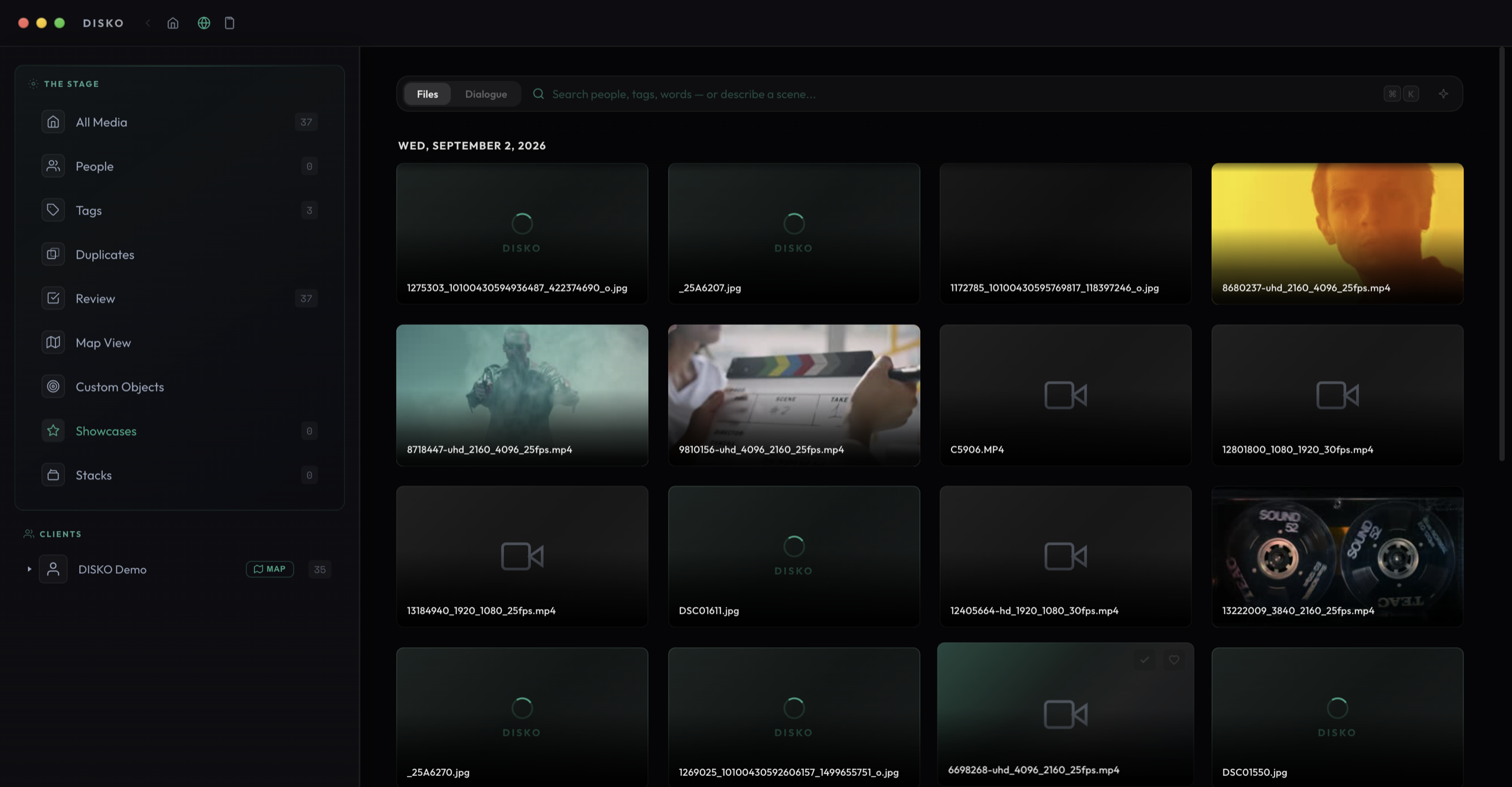 DISKO importing a folder of footage, thumbnails filling in across the grid