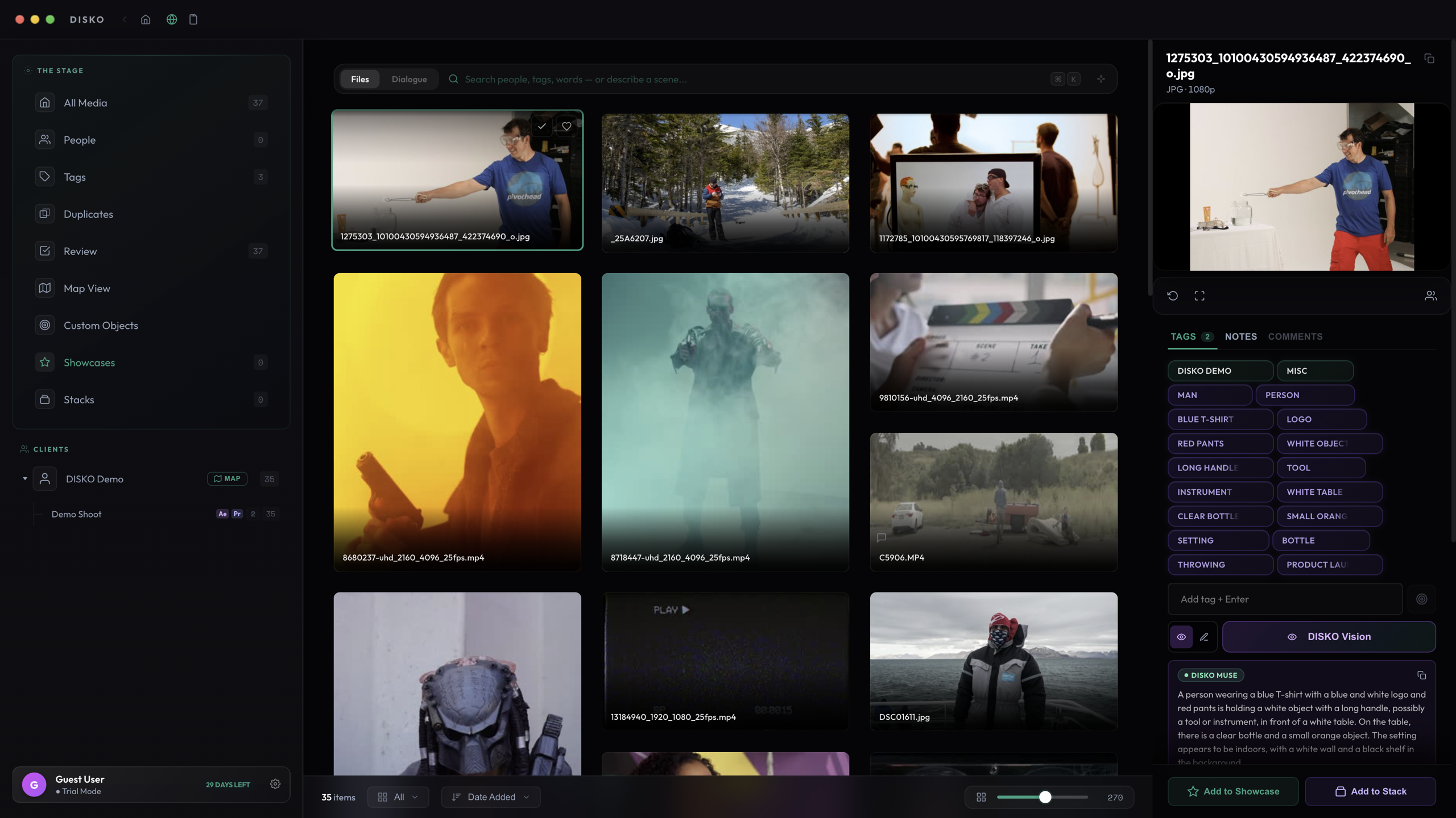 A populated DISKO library: sidebar with clients and projects, thumbnail grid, inspector panel open