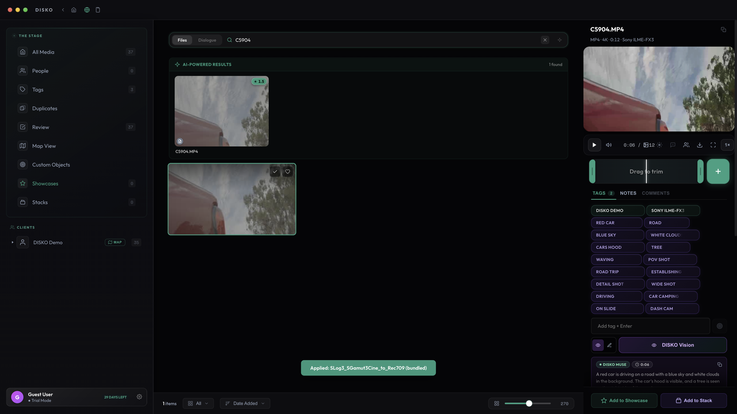 Log footage with LUT preview enabled, the LUT selector visible in the inspector