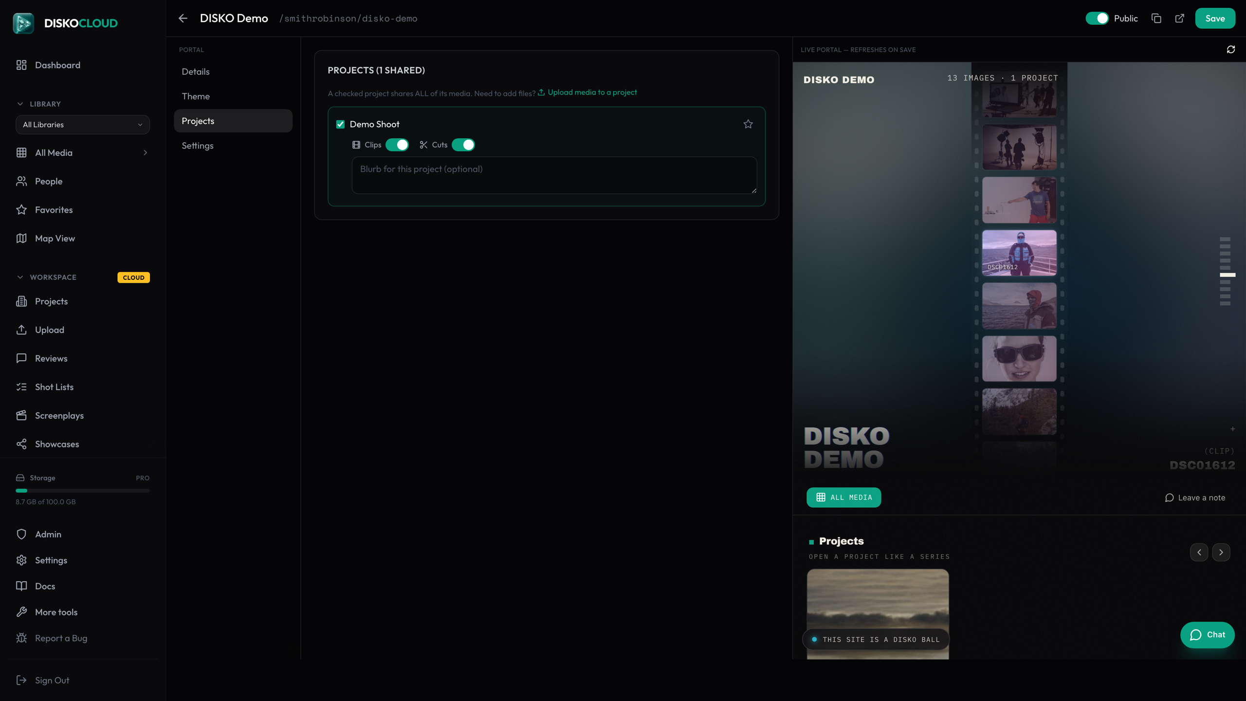 The portal builder: project checkboxes, theme controls, live preview pane