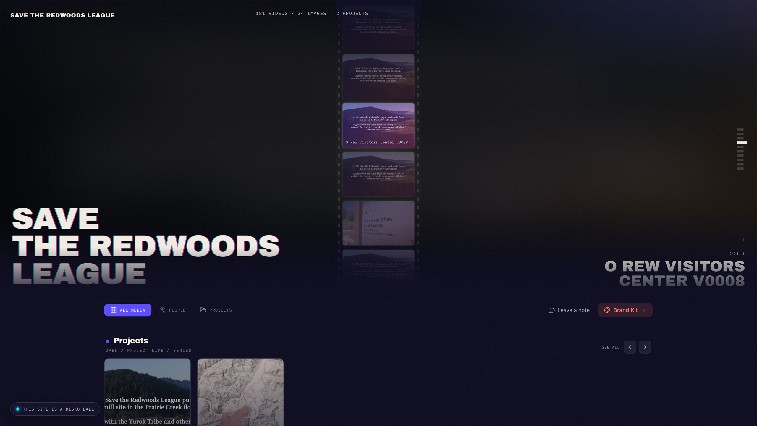 A live client portal: clip-reel hero at the top, masonry grid of media below