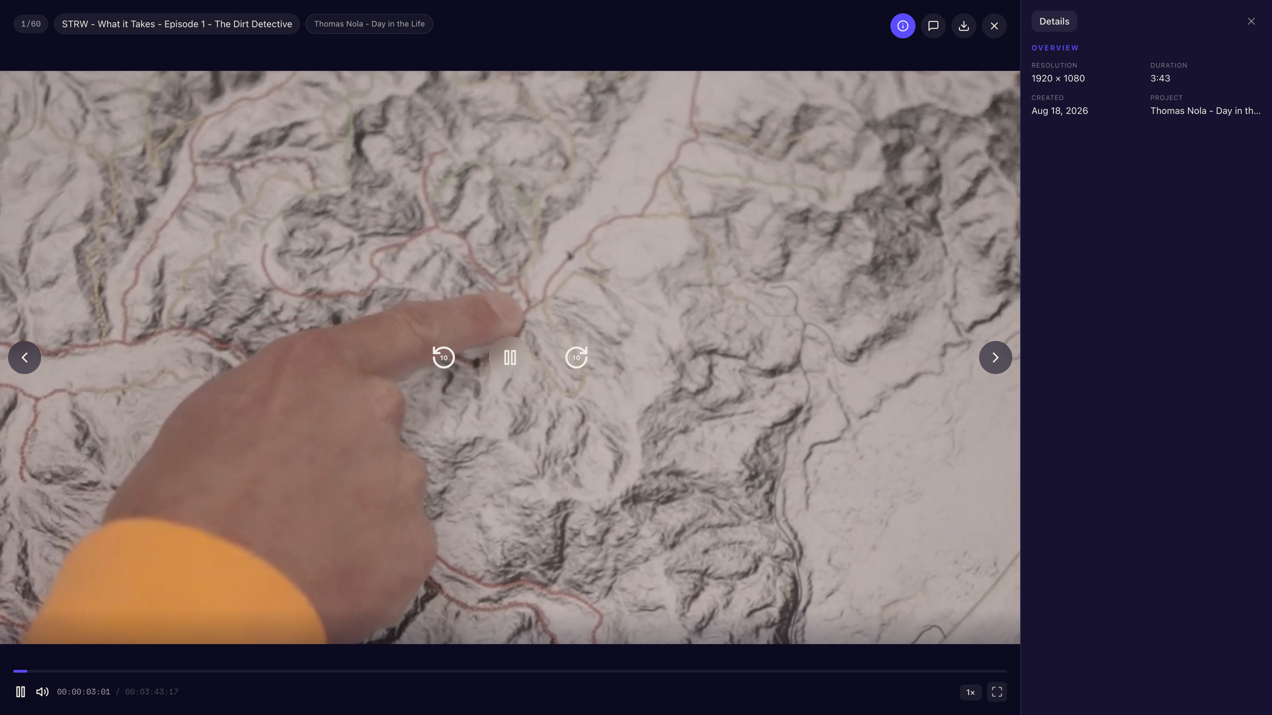 The portal lightbox player with the details panel showing tags and people