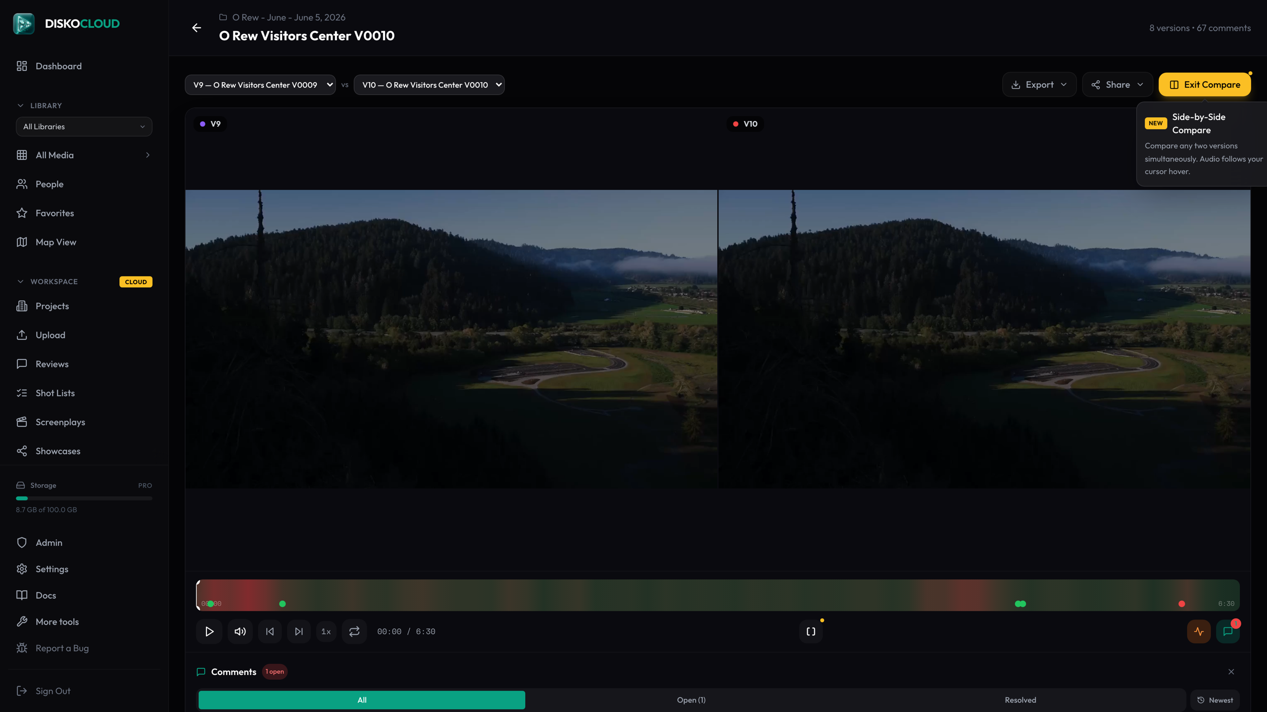 Version compare view with two cuts of the same edit side by side