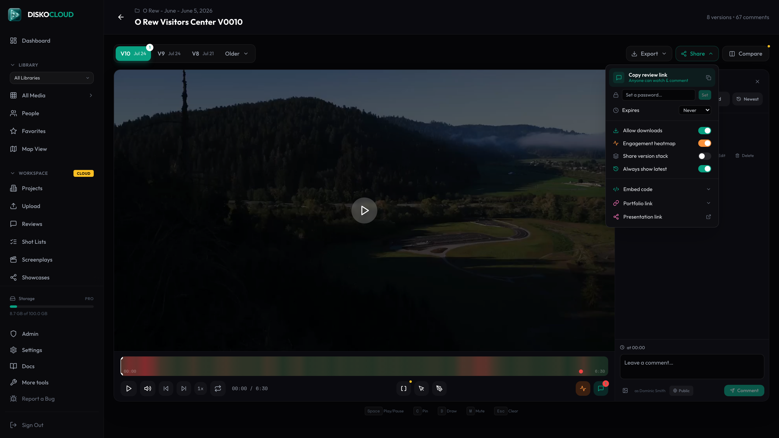 The share menu open on a video with password, expiry, and download options visible