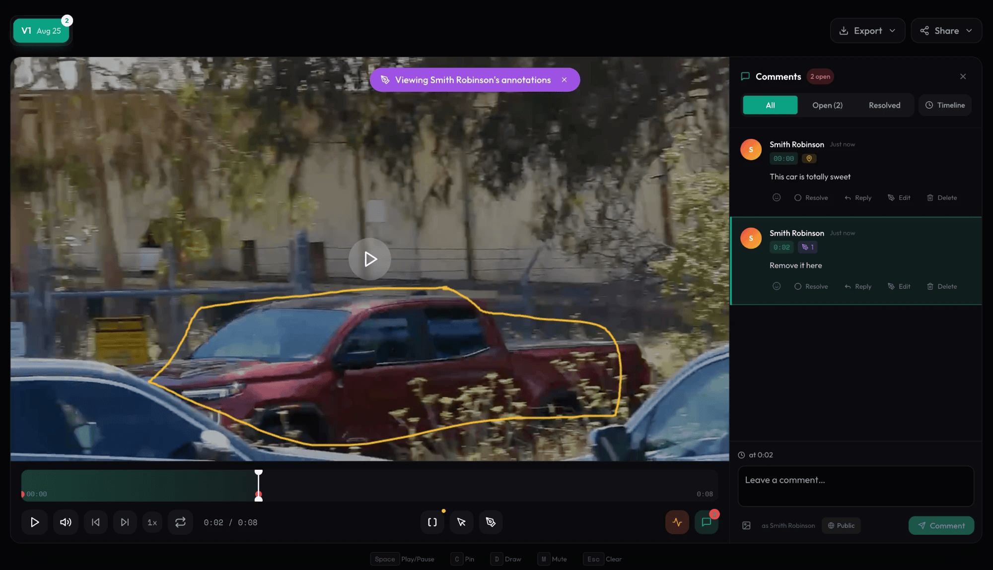 A review page with timestamped comments and a drawing annotation on the paused frame