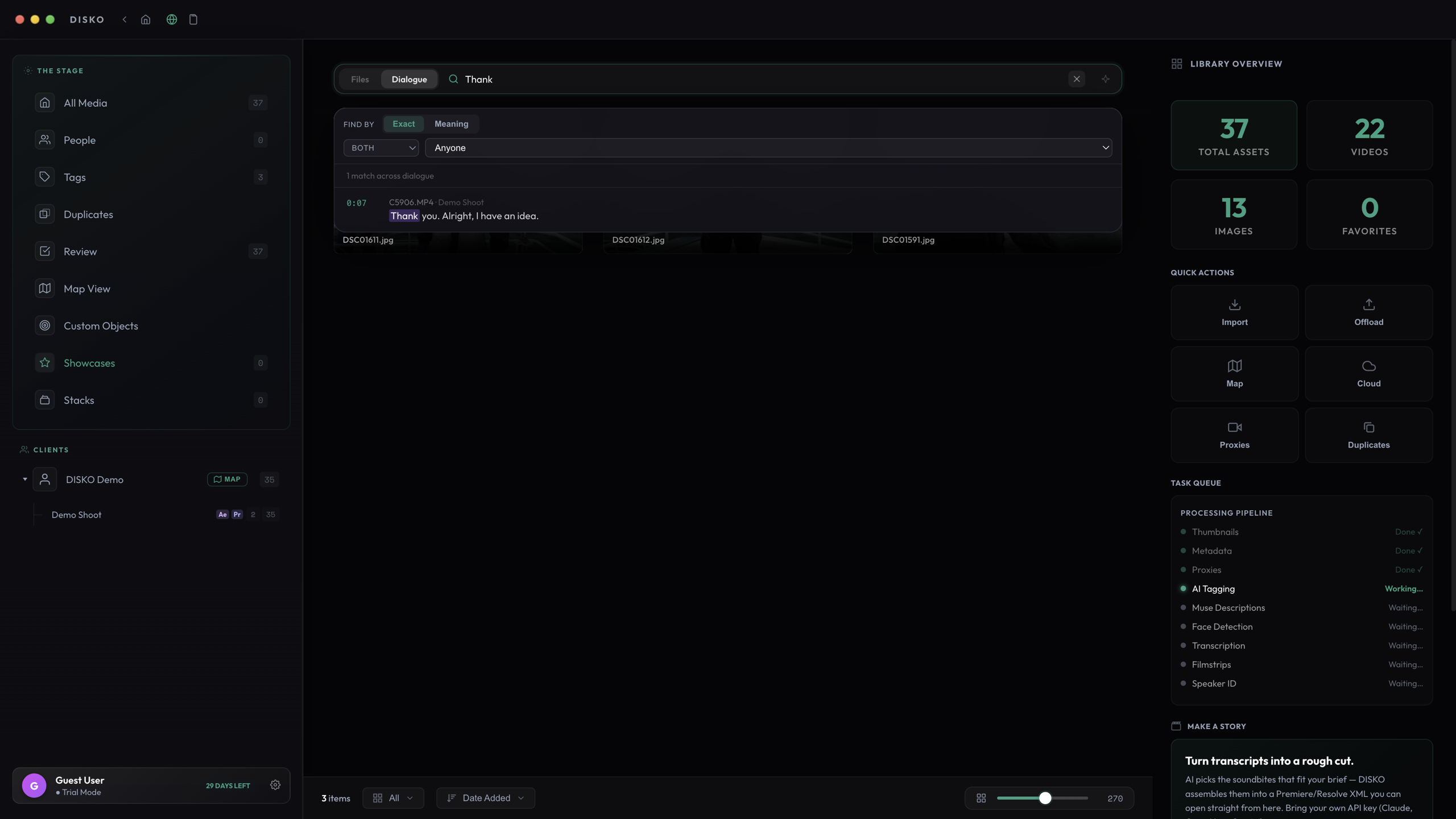 Dialogue-mode search showing matching transcript lines with their source clips