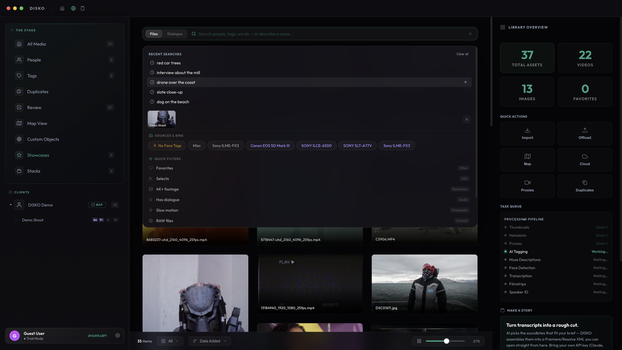 The search dropdown open, showing recent searches and a strip of recent projects