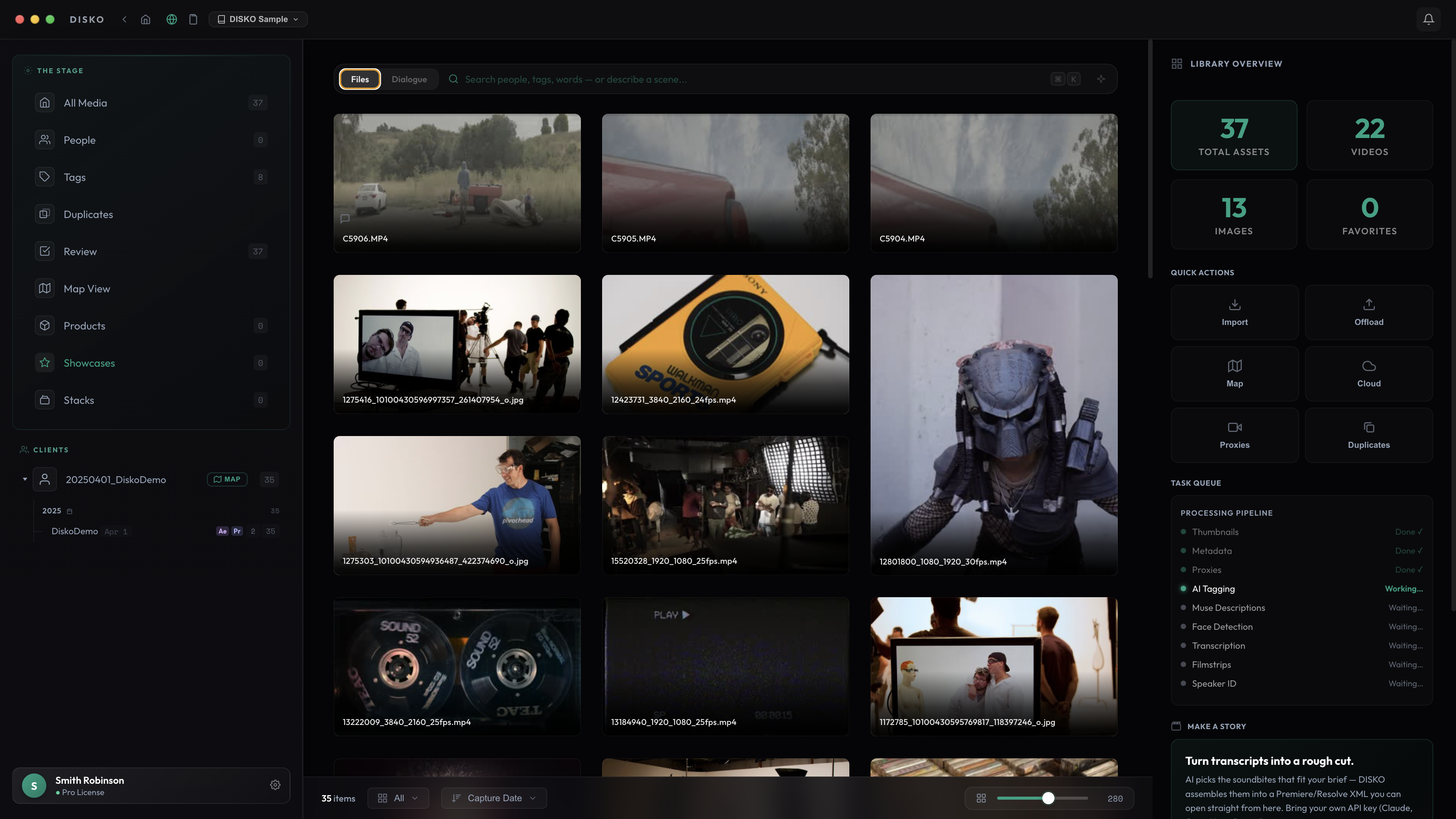 The library — every clip auto-tagged, transcribed and searchable, all on your Mac