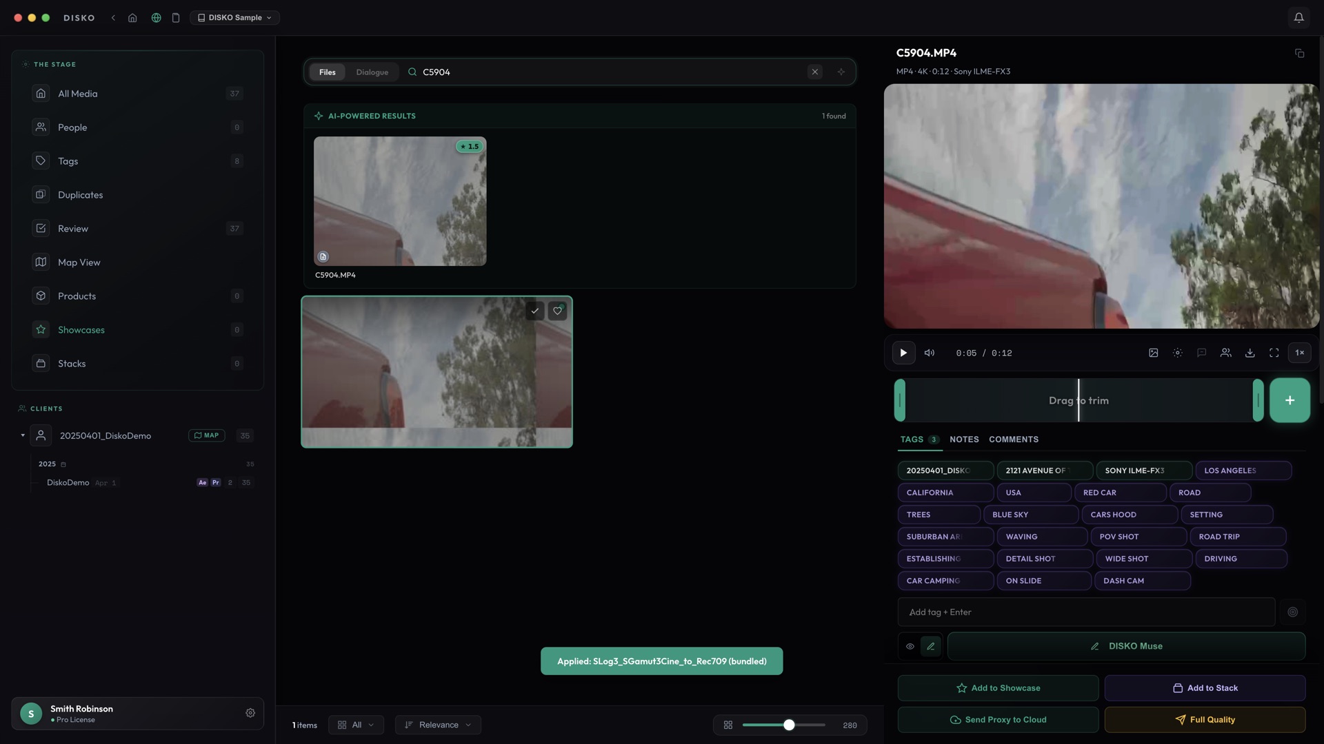 DISKO real-time LUT preview on Sony S-Log3 footage